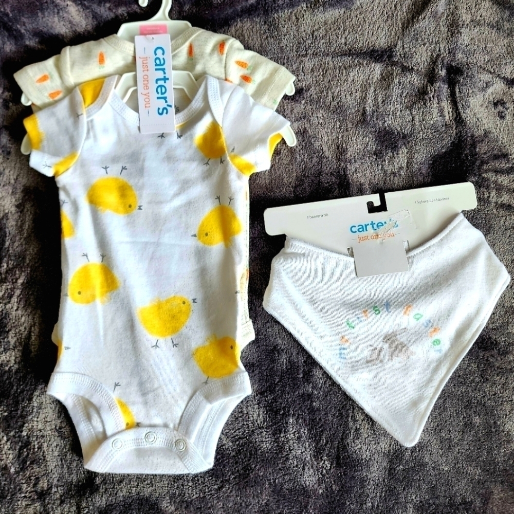 NWT baby boy / girl Easter 2 pack bodysuit Chick & Carrots + MY FIRST EASTER bib